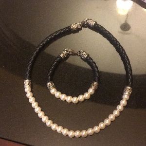 Pearl & leather necklace and bracelet set